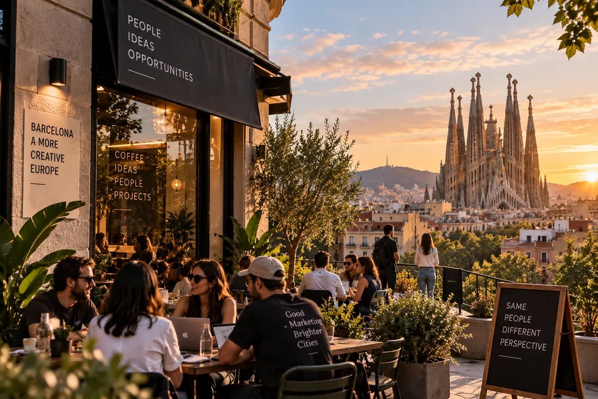 A cafe terrace at golden hour in Barcelona, with the Sagrada Familia on the skyline.