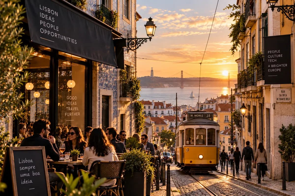 A yellow tram on a Lisbon street at sunset, with the river and the 25 de Abril bridge behind.