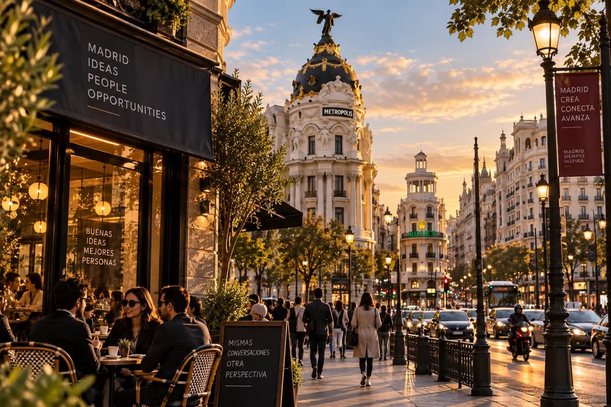 A cafe terrace at sunset on Madrid's Gran Via, with the Metropolis building and its winged statue behind.