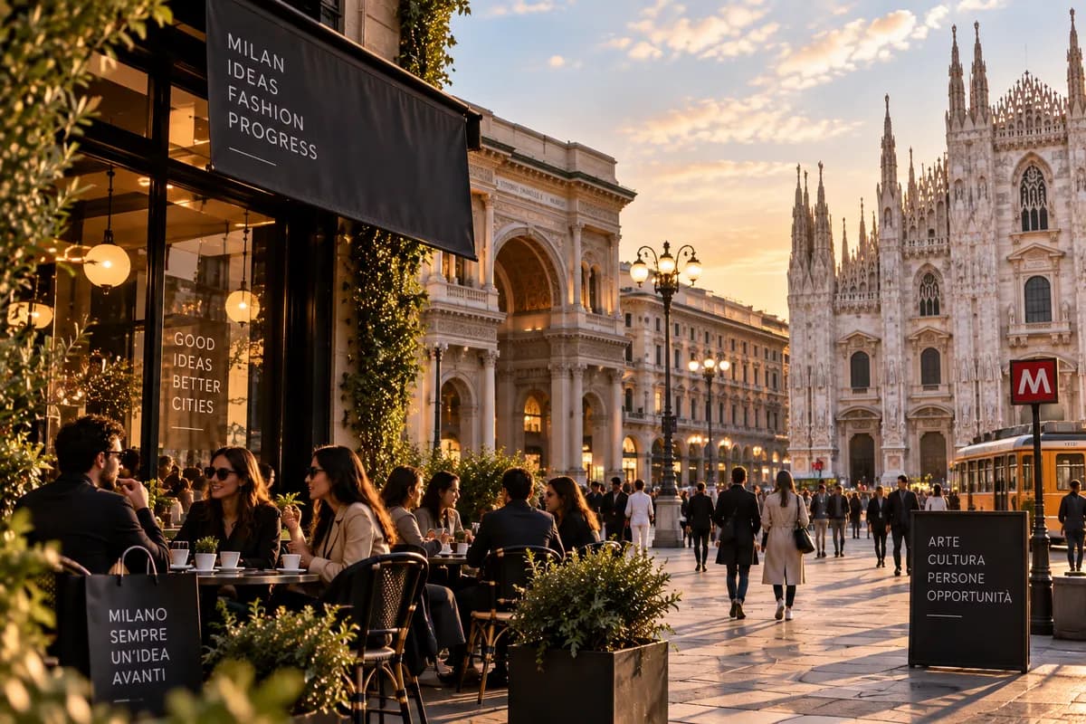A cafe terrace at golden hour on a Milan street, with the Galleria arch and the Duomo behind.