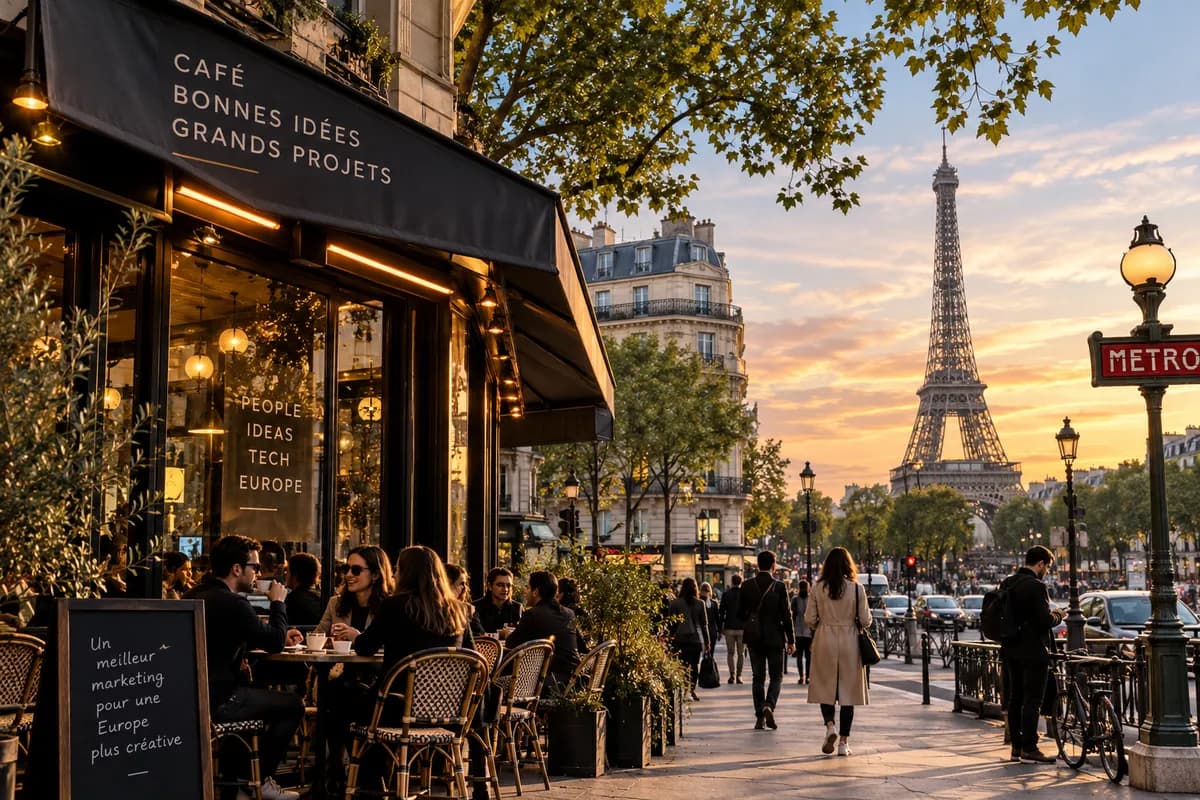 A cafe terrace at golden hour on a Paris boulevard, with the Eiffel Tower behind.