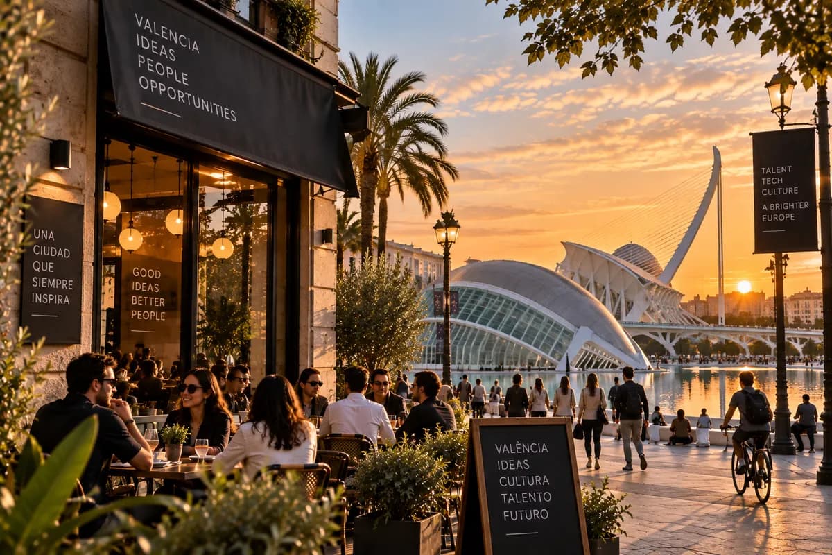 A cafe terrace at sunset in Valencia, with the City of Arts and Sciences and palm trees behind.