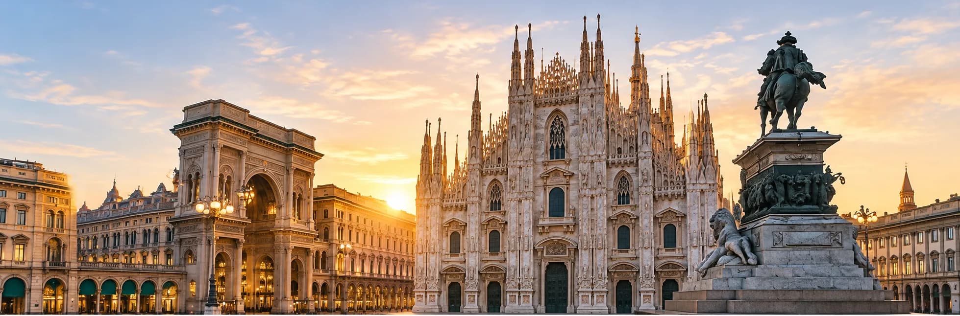 Piazza del Duomo in Milan at sunrise, with the cathedral, the Galleria arch and the Victor Emmanuel II monument.