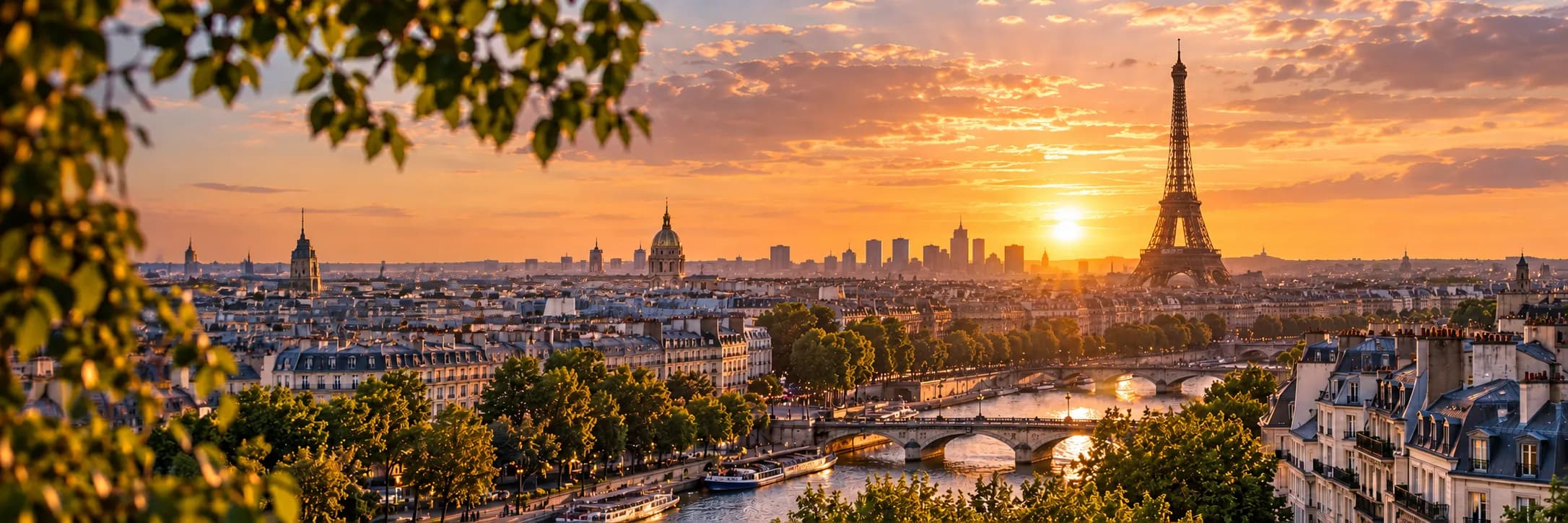 Paris at sunset seen from a hilltop through foliage, with the Eiffel Tower against the sun on the right, the dome of Les Invalides in the middle and the Seine and its bridges below.