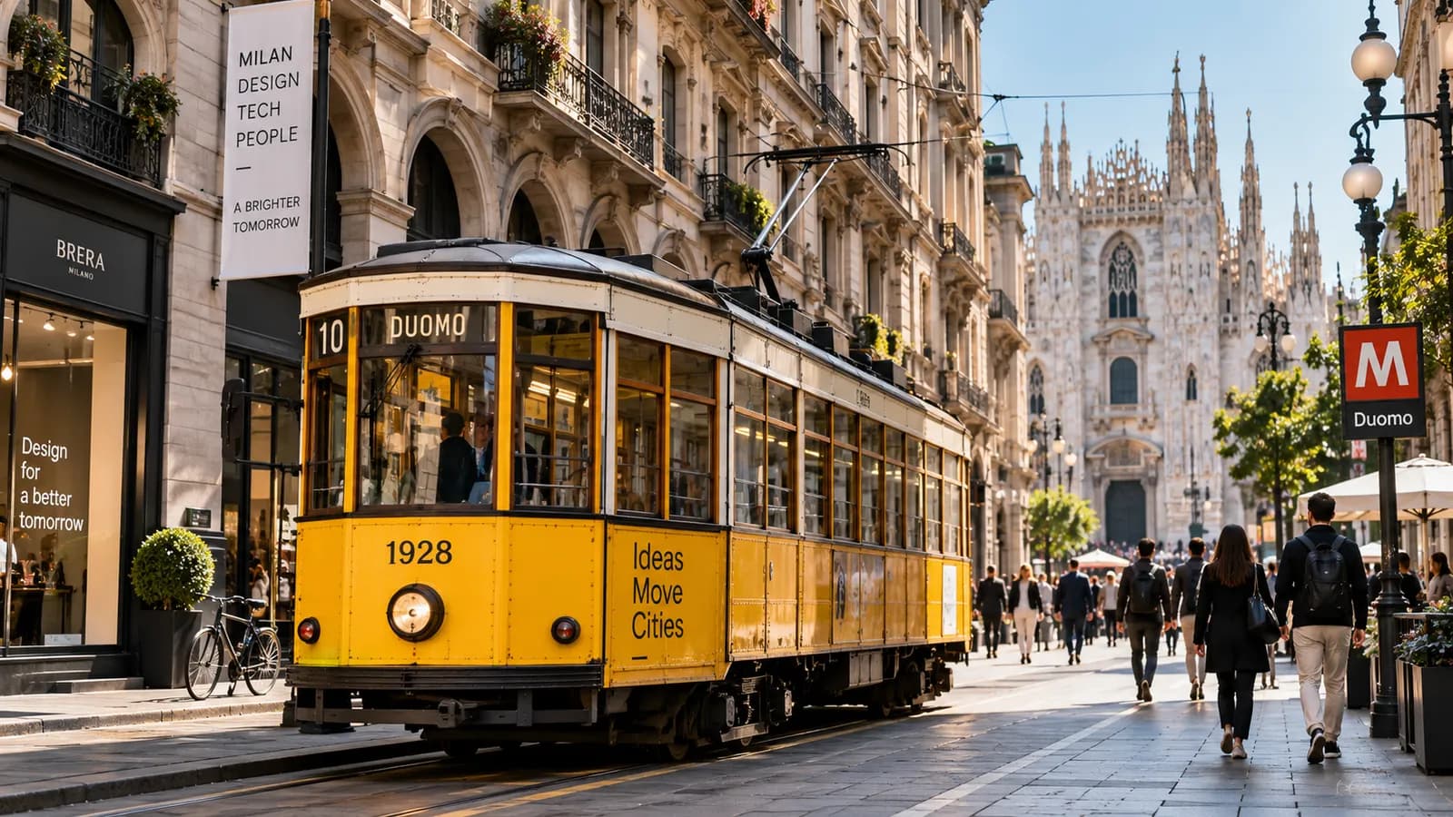 A yellow historic tram on a Milan street heading towards the cathedral.