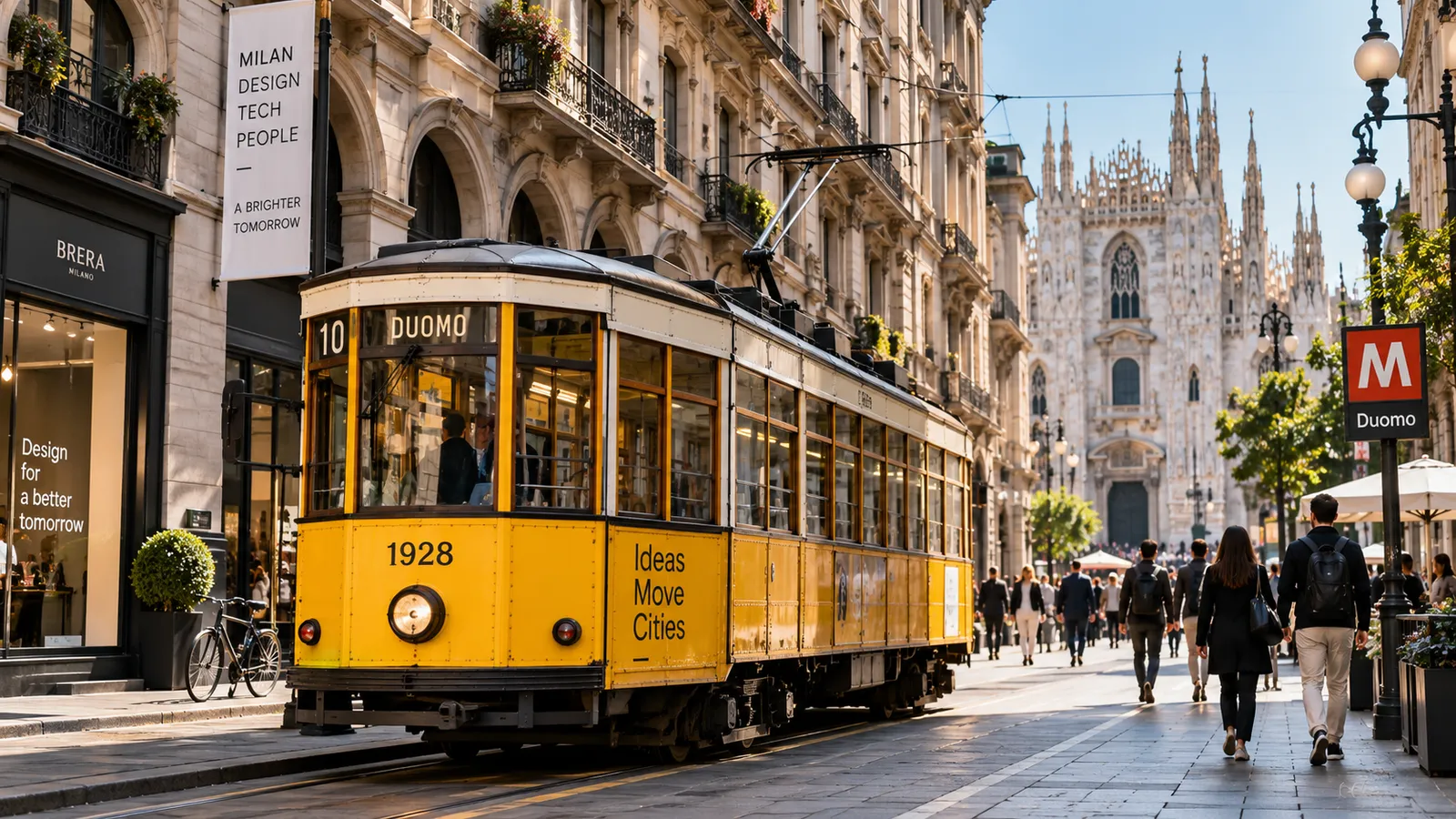A yellow historic tram on a Milan street heading towards the cathedral.