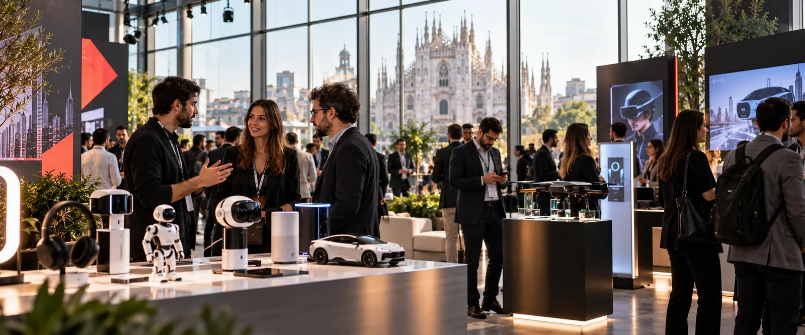 A technology showcase with robots, drones and headsets, with Milan cathedral through the glass wall.
