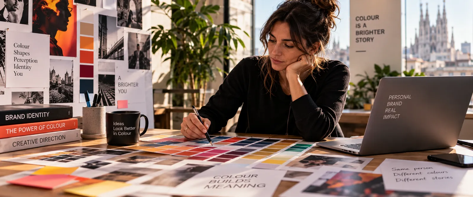 A designer at a desk covered with colour swatches, printed mood boards and branding books.