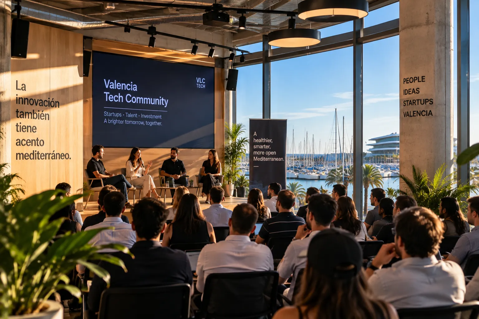 A panel on stage in front of a seated audience at a Valencia tech event, with the marina and palm trees through the windows.