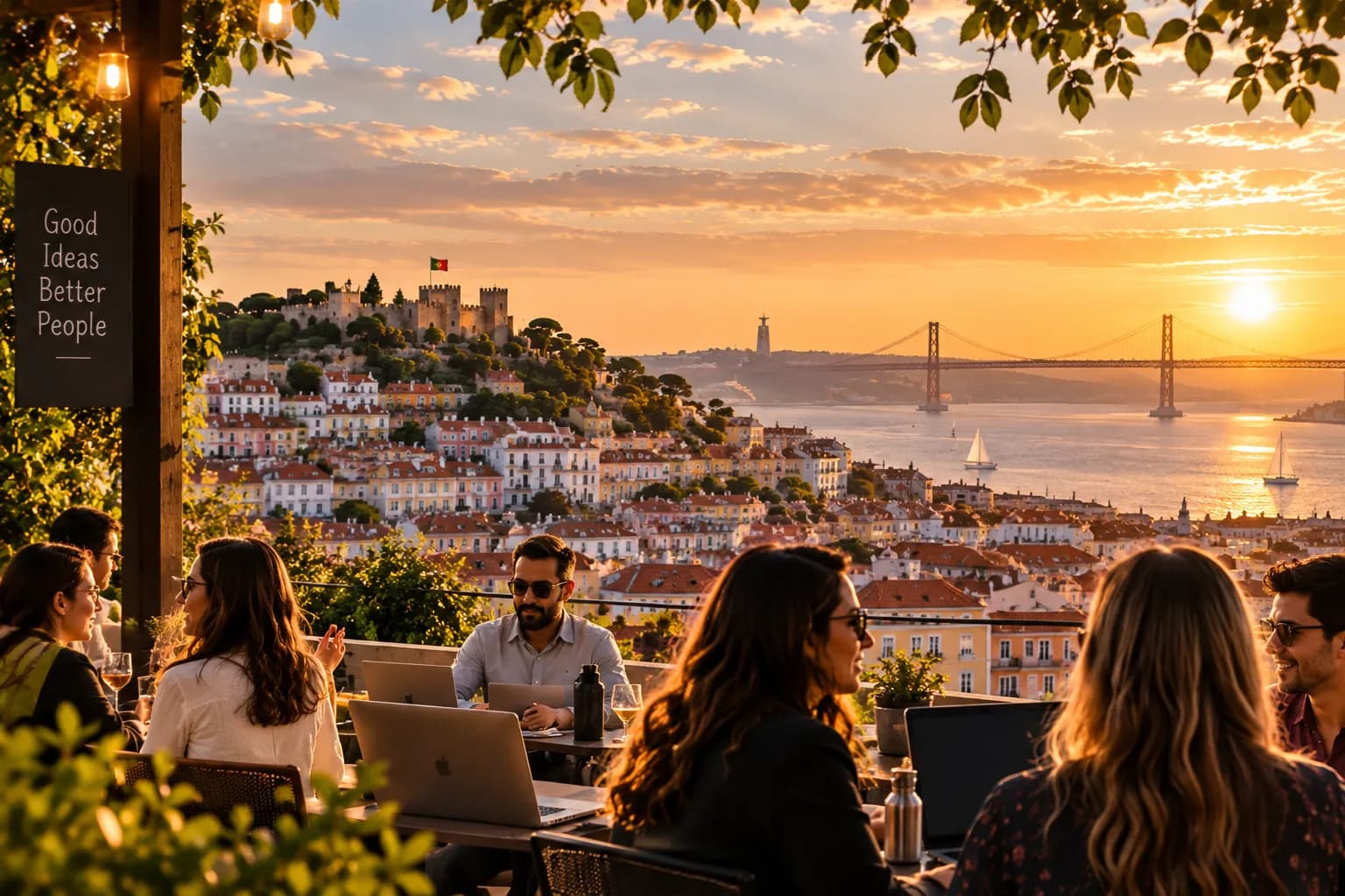 People working at laptops on a terrace above Lisbon at sunset, with Sao Jorge castle and the 25 de Abril bridge behind.