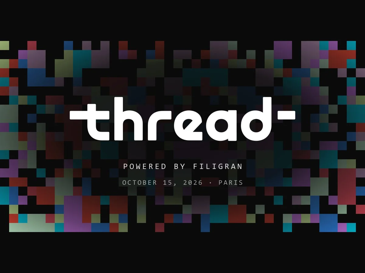 Event artwork: the word thread in large white letters over a mosaic of dark coloured squares, with the line Powered by Filigran, October 15, 2026, Paris.
