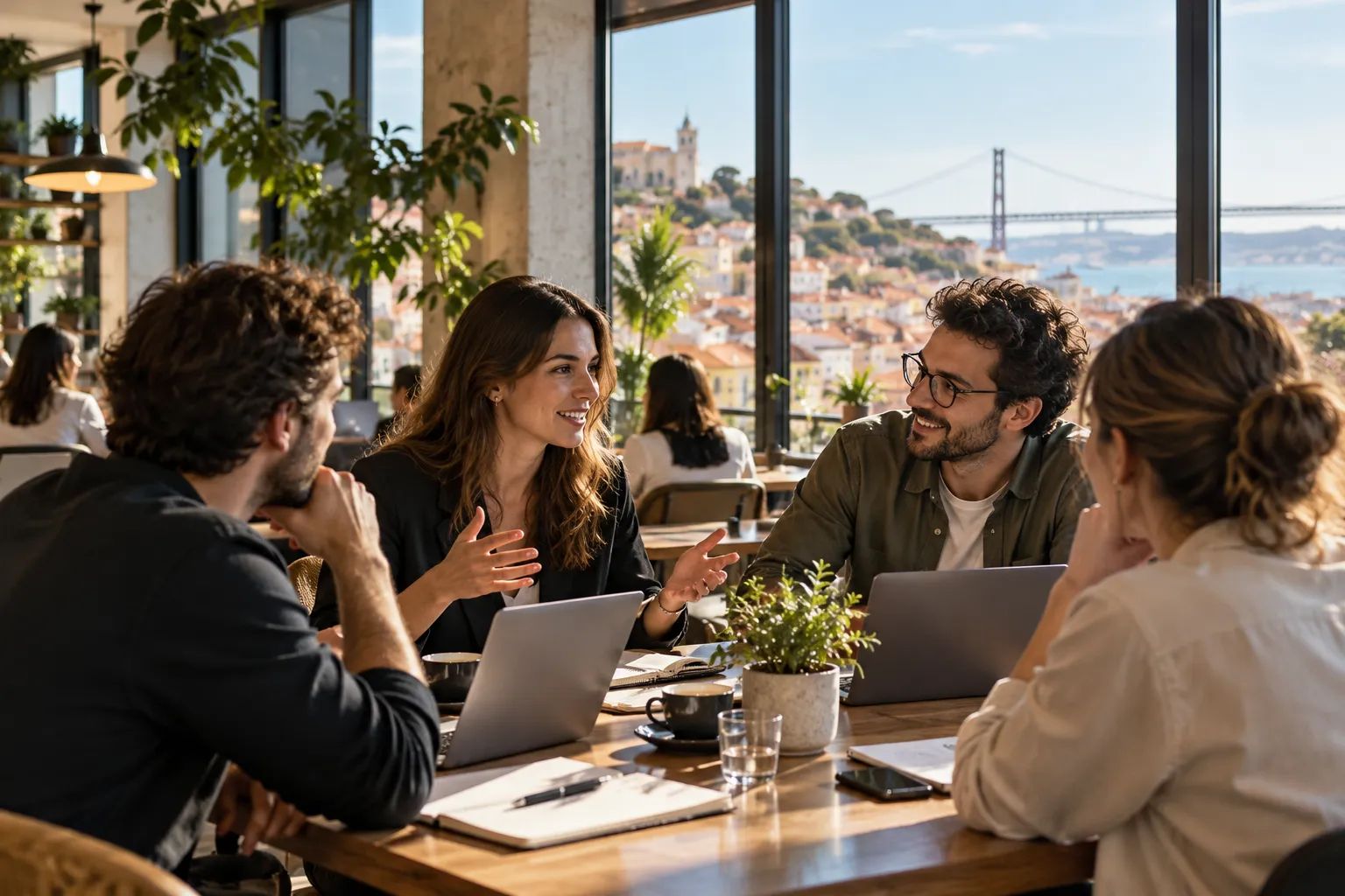 Four people talking around laptops at a table in a Lisbon coworking space, with the city and the 25 de Abril bridge through the windows.