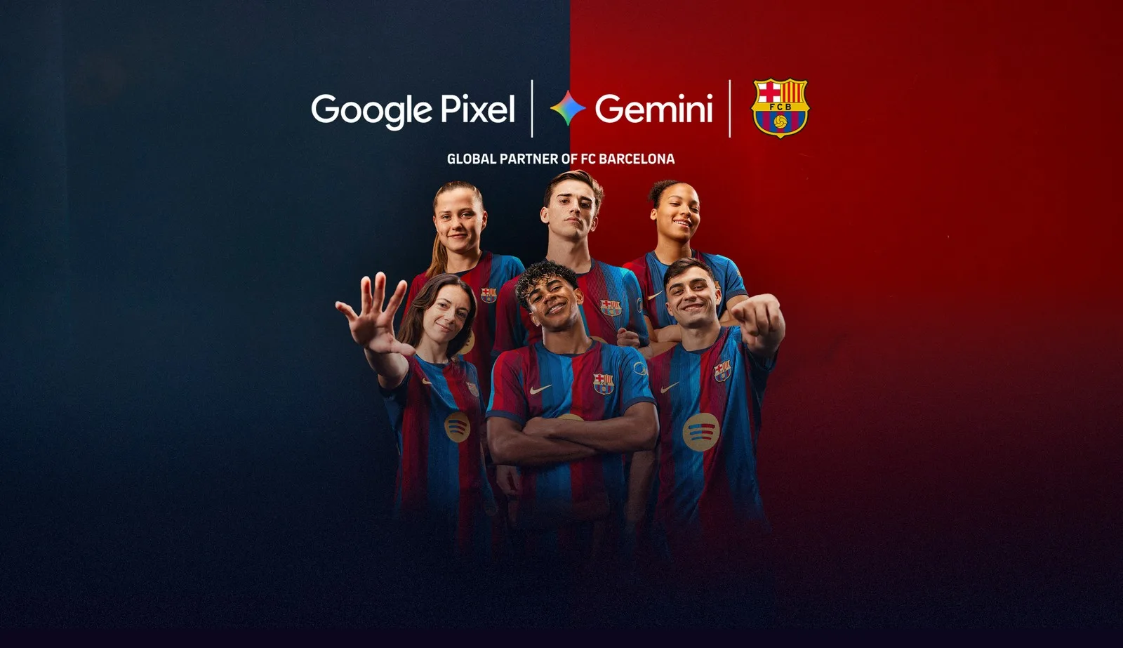 Six FC Barcelona players from the men's and women's teams in club shirts, posing under the Google Pixel, Gemini and FC Barcelona logos on a blue and red background.