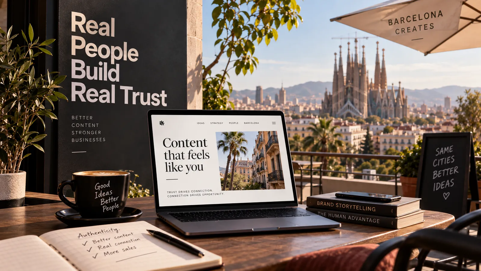 A laptop on a sunny Barcelona terrace showing a website about content and trust, with a poster reading Real People Build Real Trust and the Sagrada Familia behind.