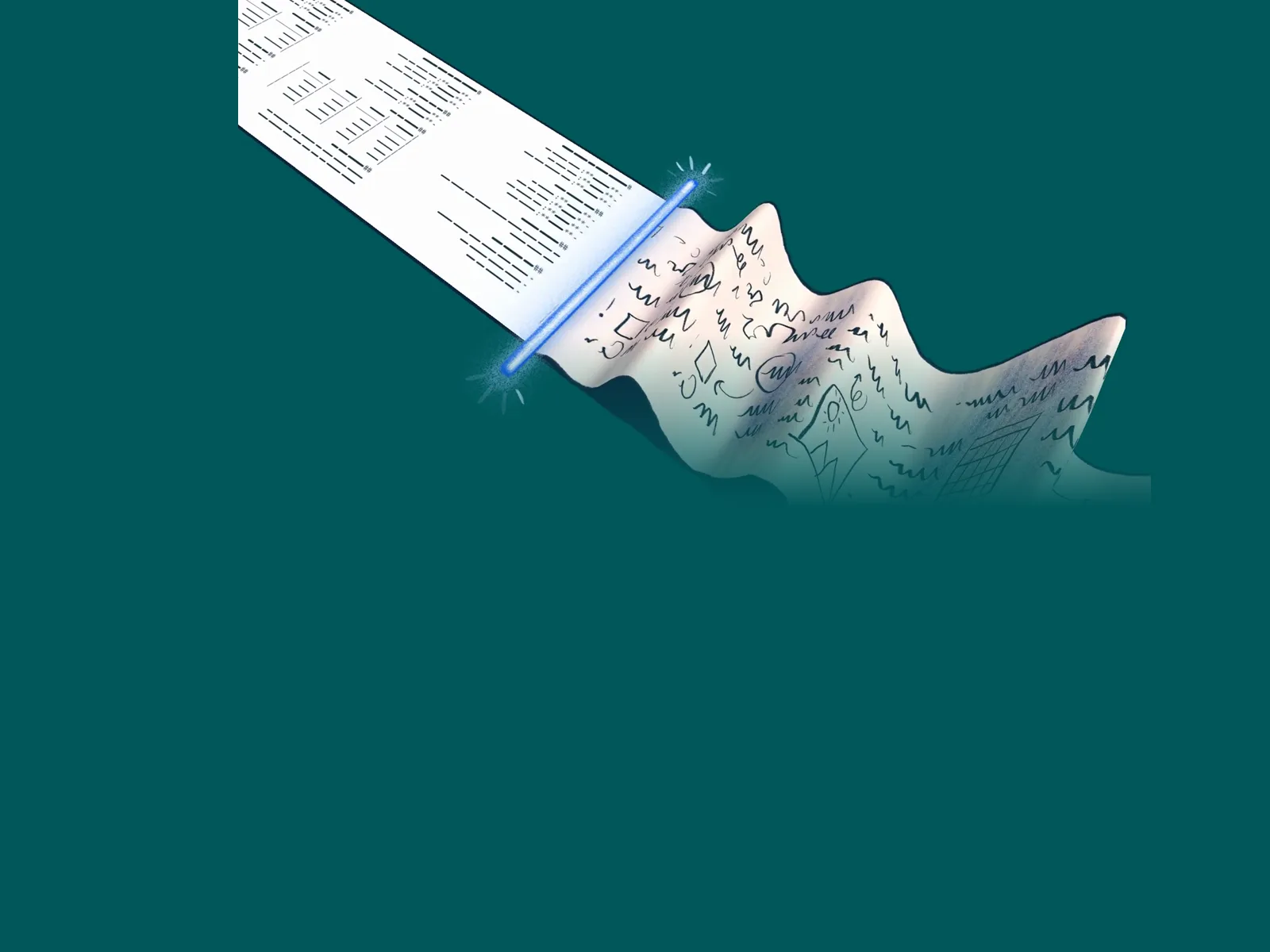 Illustration: a long sheet of handwritten notes and sketches passes under a glowing blue scanner bar and comes out as neat lines of structured text.