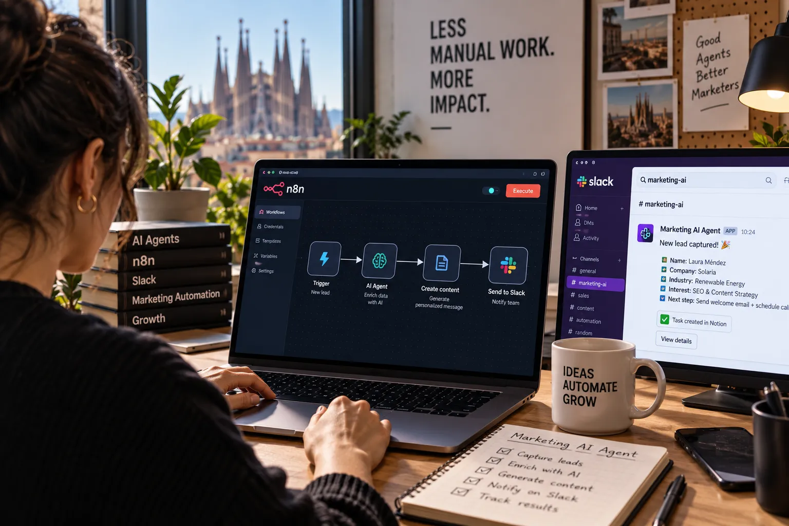 A workflow editor connecting a trigger, an AI agent and a Slack notification, on a desk overlooking Barcelona.