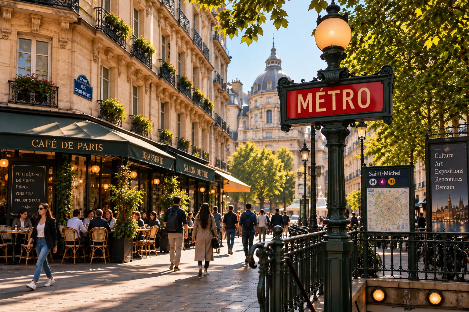 A Paris street in the Latin Quarter with a Metro entrance, a cafe terrace and people walking in the sun.