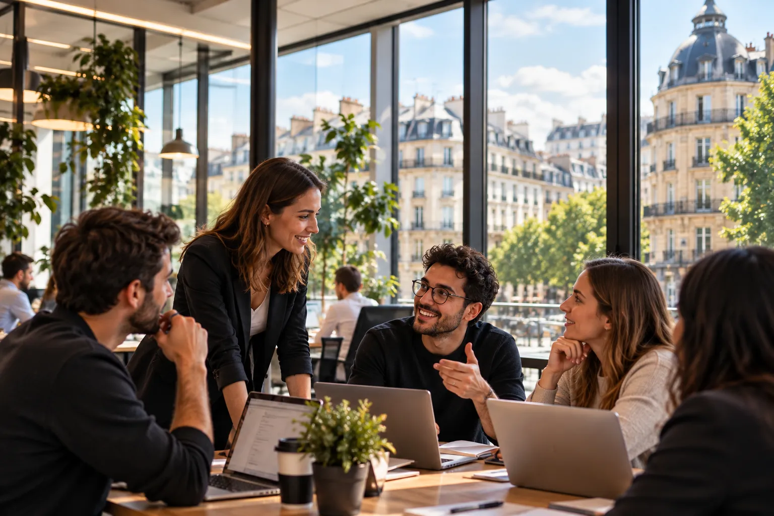 A team talking around laptops in a bright Paris office, with Haussmann buildings through the windows.