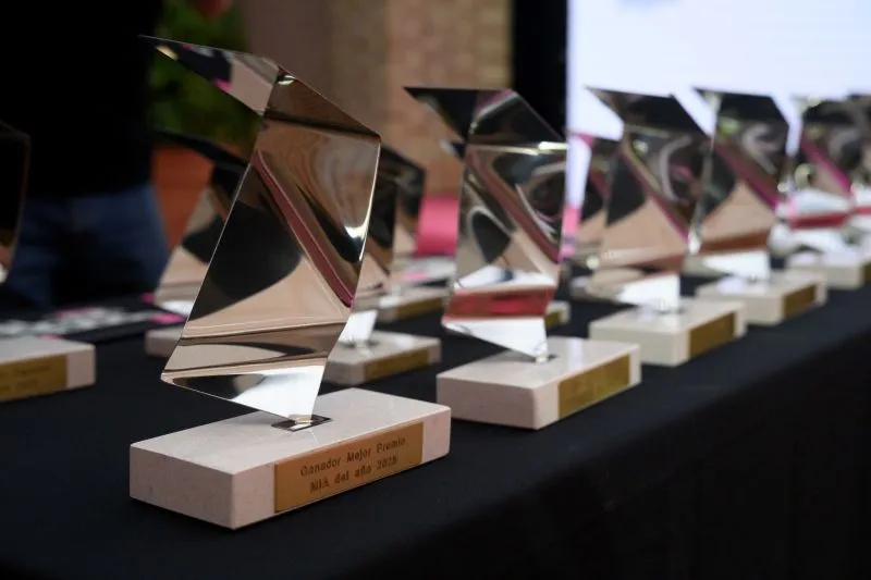 MIA award trophies lined up on a table, from a previous edition of the awards.