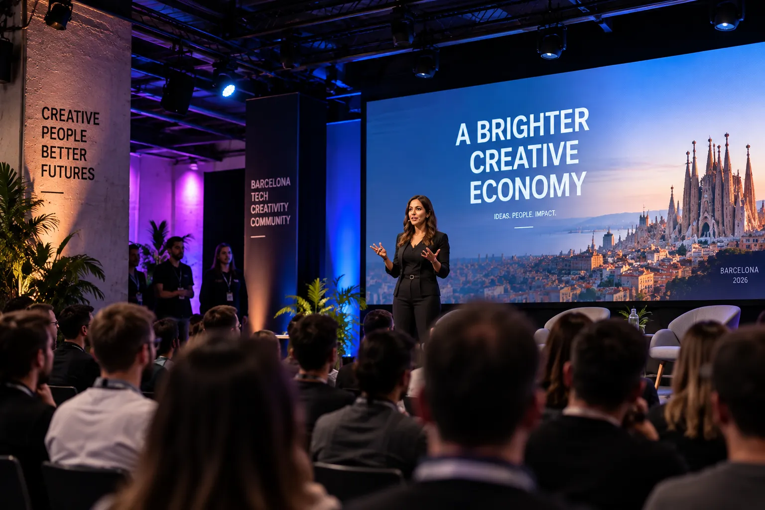 A speaker on stage at a Barcelona conference, in front of a screen reading A brighter creative economy, with a full audience.