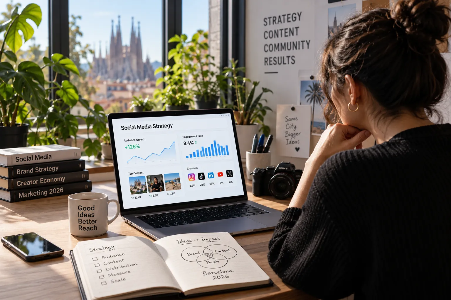 A marketer at a desk reviewing a social media strategy dashboard on a laptop, with the Sagrada Familia through the window.
