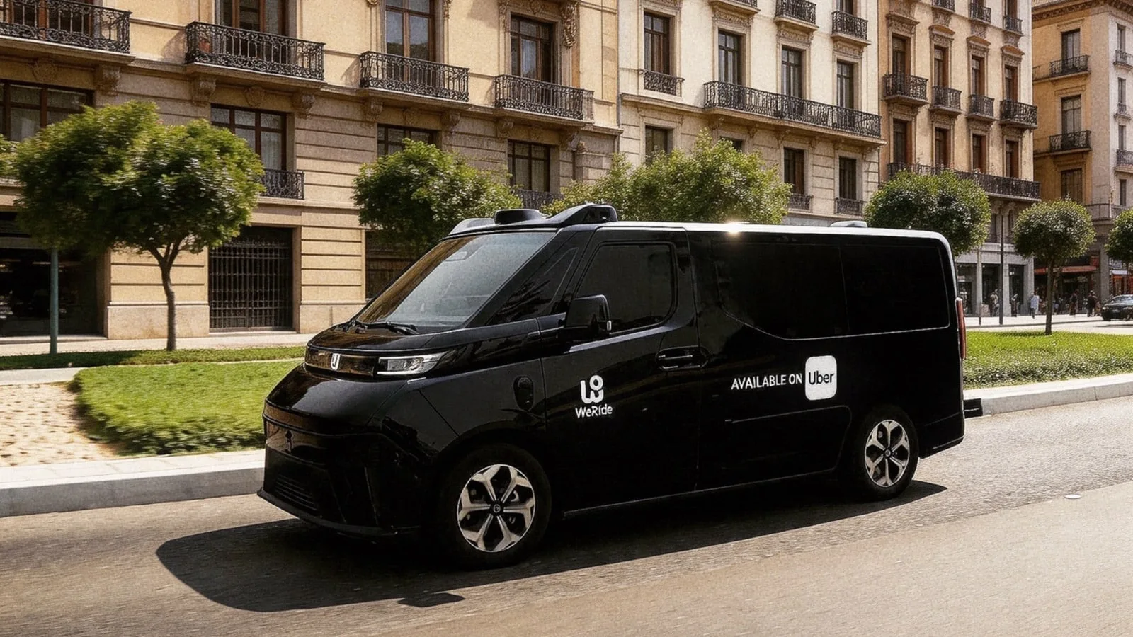 Illustration of a black WeRide robotaxi van with Available on Uber on its side, driving past classical apartment buildings with iron balconies.