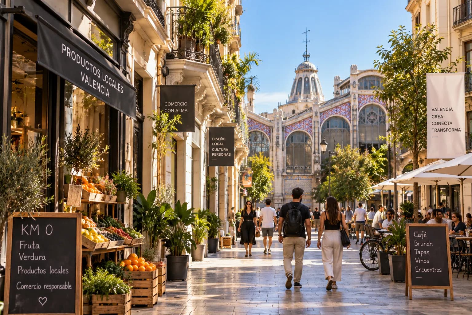 A sunny pedestrian street in Valencia beside the Mercado Central, with fruit stalls, shop awnings and people walking.