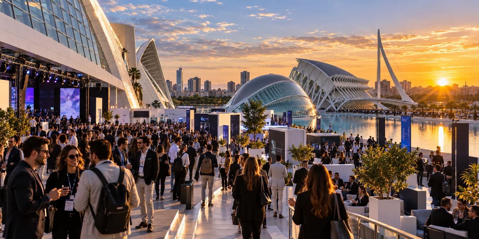 Crowds at an outdoor tech conference beside the City of Arts and Sciences in Valencia at sunset, with banners and stands along the water.