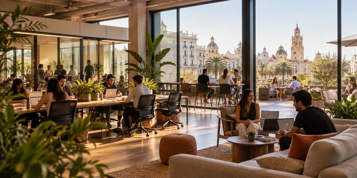 A bright coworking space with people working at shared desks beside large windows.